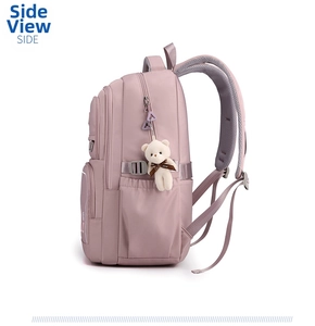 Side view of pink student backpack with side buckles and thick padded shoulder straps