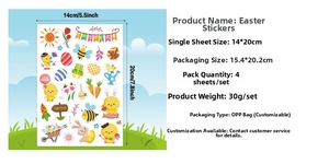 Close-up of Easter stickers showing 14x20cm dimensions with rabbits and eggs