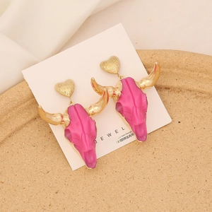 Bohemian bull skull earrings with pink enamel and gold hearts on S925 silver pins
