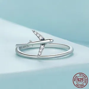 S925 Sterling Silver airplane open ring with sparkling white zircon stones