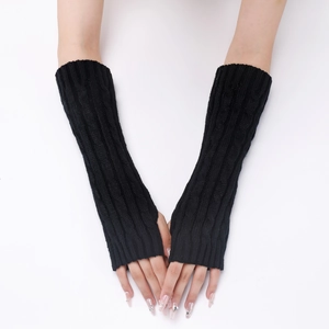 Detailed knit texture and thumb hole design on long black cable-knit arm warmers