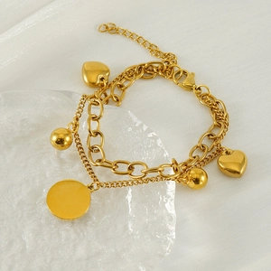 Double-layered 18K gold plated stainless steel bracelet with heart and round charms
