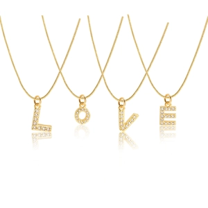 Gold-plated LOVE letter pendants set with cubic zirconia stones on snake chain