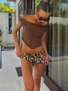 Floral print high waist bodycon skirt and brown off-shoulder top for beach vacation style