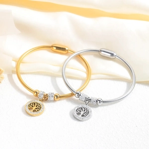 Elegant gold and silver Tree of Life charm snake chain bracelets with magnetic clasp