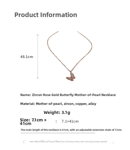 Detailed spec sheet showing rose gold butterfly necklace dimensions and materials