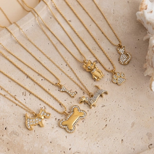 18K gold-plated stainless steel pet necklaces with zircon cat and dog pendants