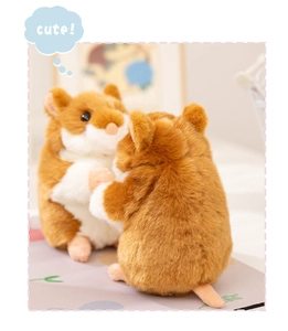 Front and back detail of soft brown and white plush hamster toy with fluffy fur texture