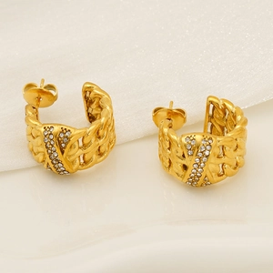 18k gold plated stainless steel C-shaped earrings with layered chain and crystal inlay