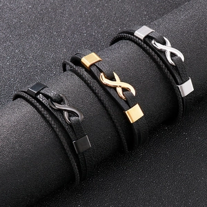 Men's titanium steel infinity symbol braided leather bracelets in gold, silver, and black