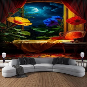Extra breiter 3D-Wandteppich mit bunten Mondscheinblumen und Sofamotiv Hintergrundtuch