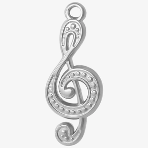 Macro shot of silver 304 stainless steel treble clef pendant with dotted detail