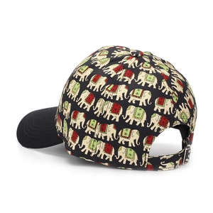 Close-up of elephant print baseball cap showing the adjustable metal buckle and stitching