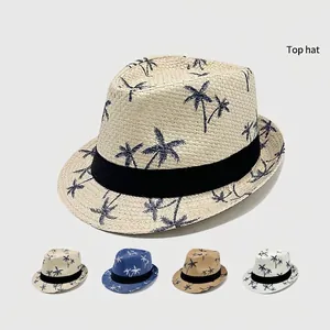 Summer Straw Fedora Hat Paper Breathable Palm Tree Print Beach Sunshade Trilby Jazz Cap For Men Vacation Travel