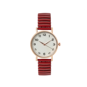 Montre rétro pour femme avec boîtier or rose, cadran blanc et bracelet élastique rouge