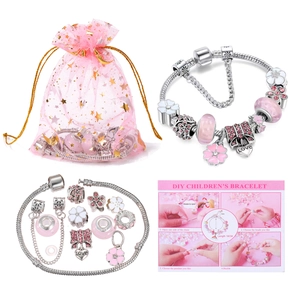 Pink DIY children's bracelet set with 16cm snake chain and colorful heart charms