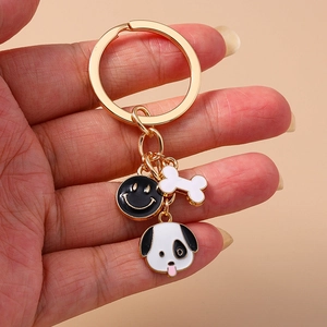 Cartoon Dog Bone Smiley Face Zinc Alloy Keychain For Backpack Gold Metal Animal Puppy Pendant Key Ring Charm Women Men Gift