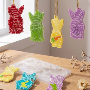 Easter bunny gnome resin molds with 4-cavity silicone tray and colorful finished pendants