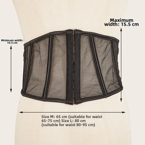 Detail of black mesh waist cincher with supportive boning and triple hook-and-eye closure
