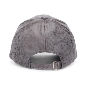Detailed back view of a gray vintage suede baseball cap with an adjustable metal buckle