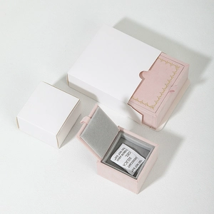 Pink velvet jewelry box set with white paper outer packaging for rings and necklaces