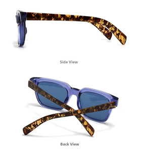 Side and back view of square sunglasses featuring purple-blue frames and tortoiseshell temples