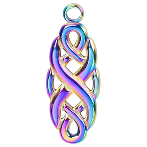 Macro shot of stainless steel witch knot pendant with rainbow gradient electroplating