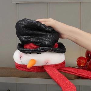 Christmas snowman plush tree topper with long red sequin scarf and plush textures