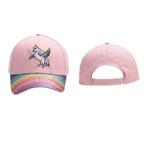 Pink kids unicorn baseball cap with rainbow sequin brim and adjustable back strap