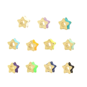 Star-shaped gold metal beads with colorful enamel coating in a grid of 12 vibrant colors
