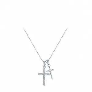 Collier Argent Sterling 925 Femme Double Pendentif Croix Pavé Zirconium Élégant Tendance Chaîne Réglable Bijoux Cadeau