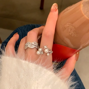 Koreanischer Stil Doppelschicht Offener Ring Kupfer Zirkonia Künstliche Perle Geometrische Welle Verstellbarer Fingerring Für Damen Luxus Schmuck