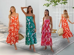 Collage of summer spaghetti strap backless floral A-line dresses in vibrant colors