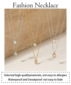 Three dual-layer stainless steel necklaces in gold and silver with zircon pendants