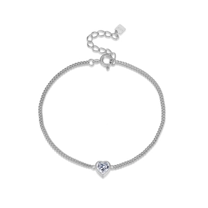 Minimalist S925 sterling silver heart bracelet with sparkling zircon on white background