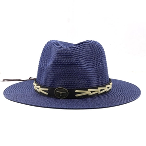 Navy blue Panama straw hat with western bull head buckle and decorative band