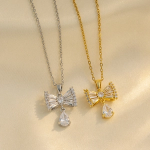 Minimalist Stainless Steel Bowknot Pendant Necklace With Rhinestone Teardrop Charm For Women Fashion Party Jewelry Gift