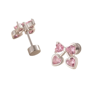 Silver cherry heart stud earrings with pink cubic zirconia and a bow detail on white base