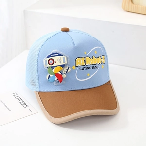 Detail of blue and brown mesh baseball cap featuring a 3D robot print for boys