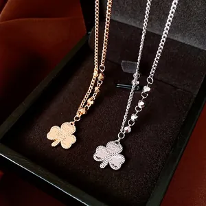 Three-Leaf Clover Pendant Necklace Copper Beaded Sweater Chain Textured Adjustable Fashion Jewelry For Women