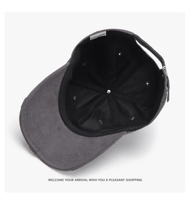 Internal view of dark grey cotton baseball cap with stitch detail and metal buckle