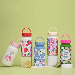 650ml stainless steel vacuum water bottles with stylish floral and fruit prints and handles