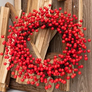 Christmas Red Berry Wreath Artificial Festival Door Hanging Decoration Winter Home Decor Simulation Berries Twig Base