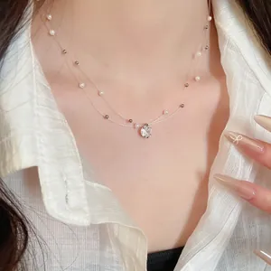 Double Layer Invisible Line Necklace With Faux Artificial Pearl And Round Zircon Pendant Minimalist Clavicle Chain Jewelry For Women