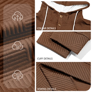 Men's coffee brown waffle knit hoodie featuring textured fabric and detail close-ups