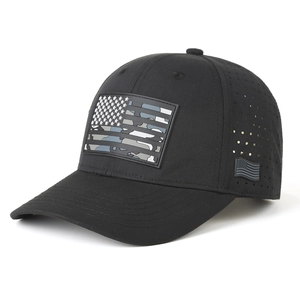 Atmungsaktive schwarze US-Flaggen-Kappe mit lasergeschnittener Belüftung und Camo-Patch