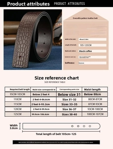 Detailed size chart for men's leather belt without buckle showing length and width