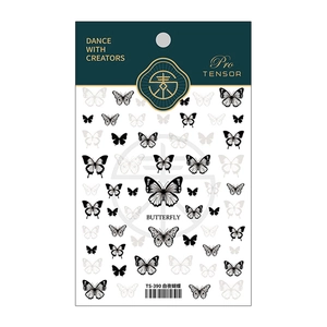 TENSOR TS-390 butterfly nail art stickers with black and white 5D patterns on card