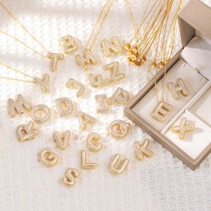Alphabet Puffy Pendant Necklace 18k Gold Plated Copper Zirconia Initial Letter Balloon Pendant Jewelry For Women