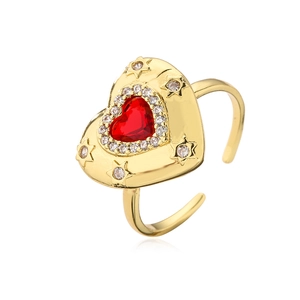 Retro 18K gold plated heart ring with red center stone and star engravings